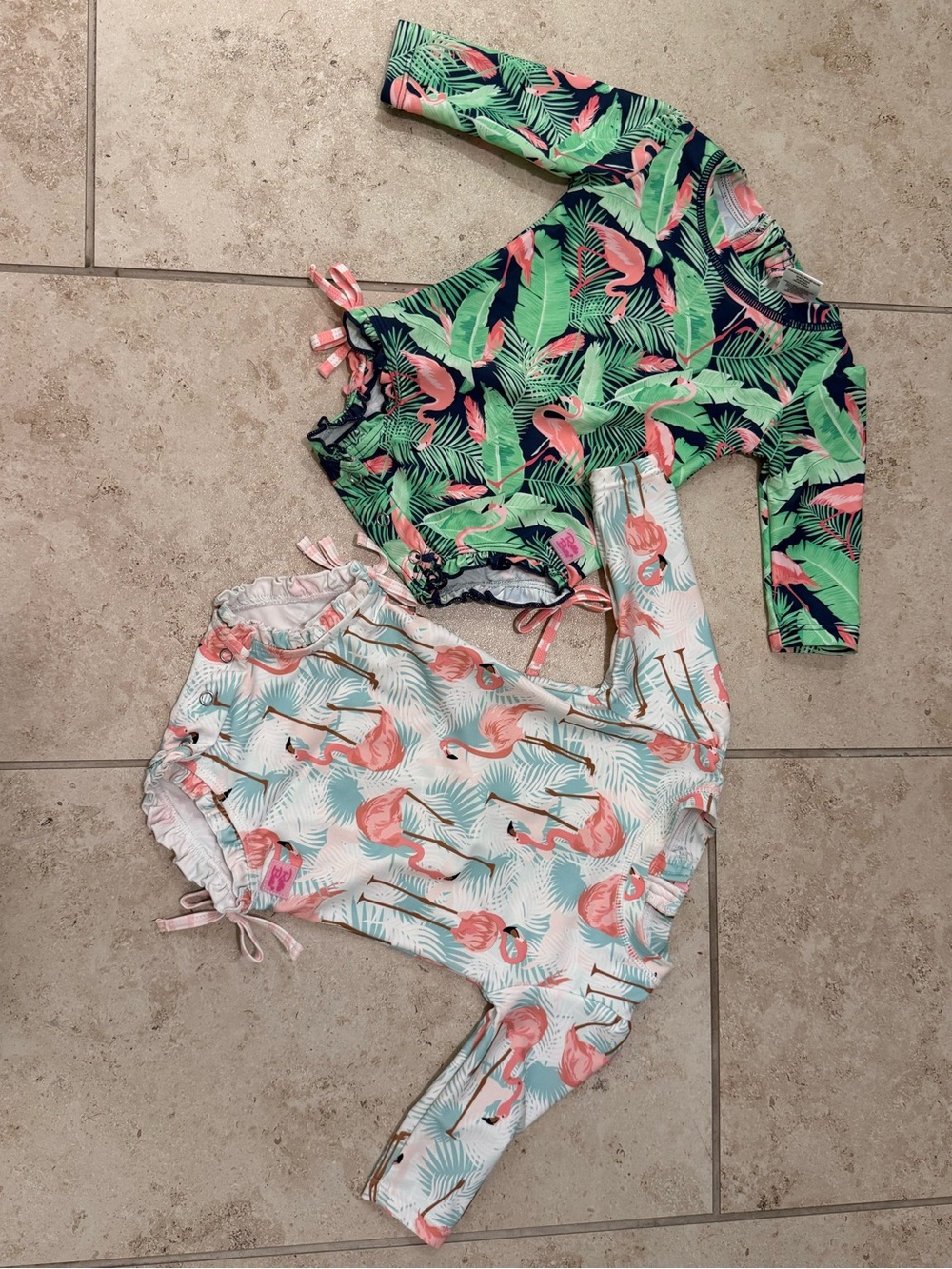 Ruffle Butts Pink Flamingo & Mint Tropical Rash Guard Set 3-6m